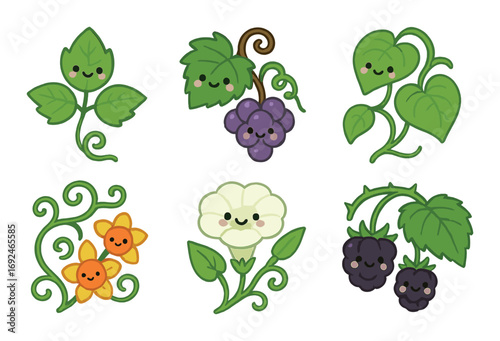 Gardening silhouette icon set. featuring grape, berry, flower, leaf, and tendril symbols.
