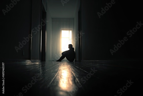 Wallpaper Mural Silhouette of a person sitting alone in a dimly lit hallway.  Sunlight streams in through a window Torontodigital.ca