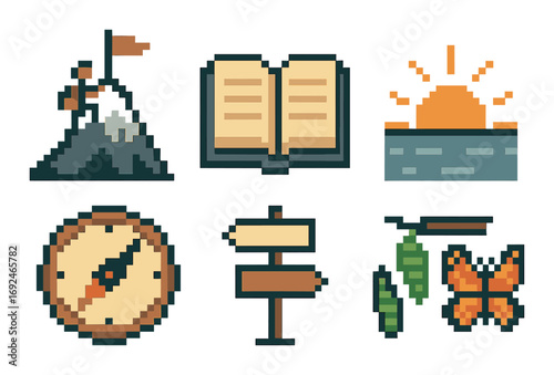 Adventure and nature pixel icon set. featuring mountain, book, sunrise, compass, signpost, leaves, and butterfly.