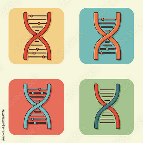 DNA Four retro DNA double helix icons in varied, pastel colors and rounded squares