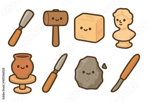 Crafting tools flat icon set. featuring chisel, mallet, cube, bust, pot, knife, stone.