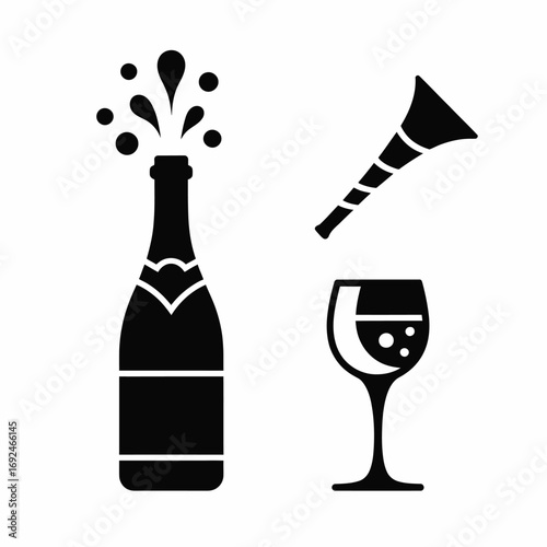 Celebration champagne bottle popping festive horn and sparkling wine glass silhouettes silhouette vector illustration white background