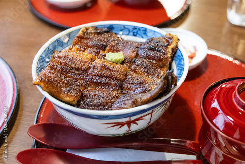 Popular unagi kabayaki don or grilled eel set in Gujo Hachiman restaurant in Central Japan