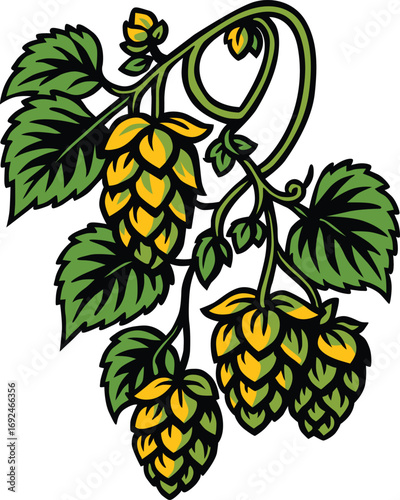 Detailed hops plant with green leaves and golden cones, perfect for beer, brewery, Oktoberfest, craft brewing, organic farming, and botanical projects. Editable EPS format for versatile use