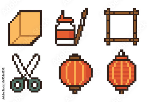 Craft tools flat icon set. featuring paper, glue, frame, scissors, and lantern symbols.