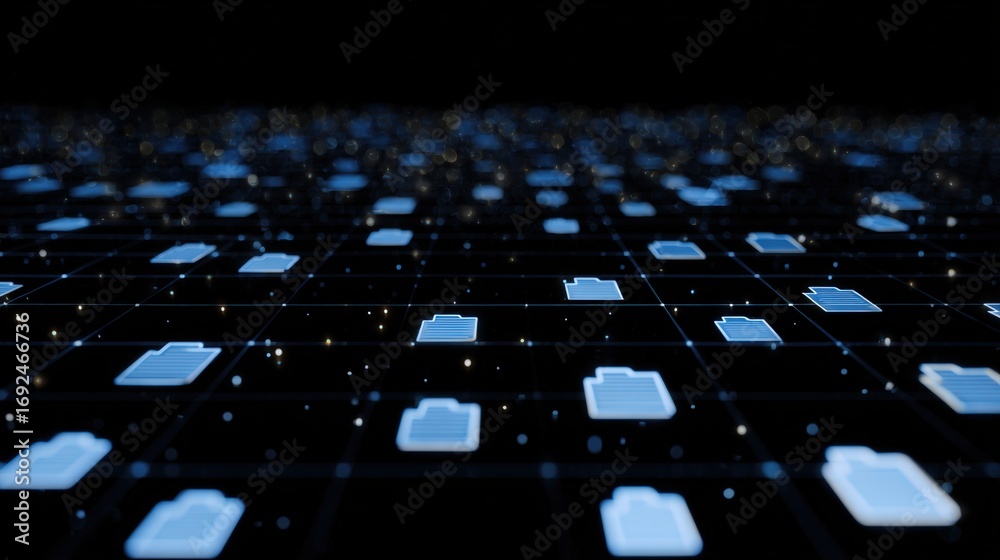 Fototapeta premium Abstract network grid with files and folders, futuristic software interface, digital document management system, store, search and organize documents, corporate business, paperless office 