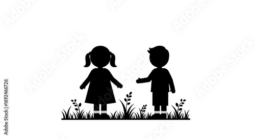 Vector Silhouette of Siblings in Grass Girl and Boy Sister Brother Family Childhood Nature Illustration on White Background