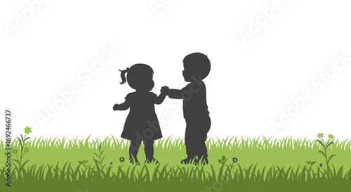 Vector Silhouette of Siblings in Grass Girl and Boy Sister Brother Family Childhood Nature Illustration on White Background