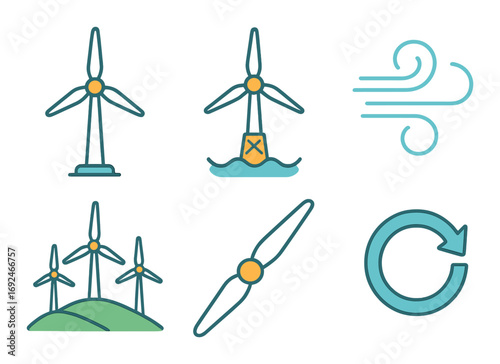Renewable energy linear icon set. featuring turbine, offshore, wind, farm, propeller, recycling symbols.