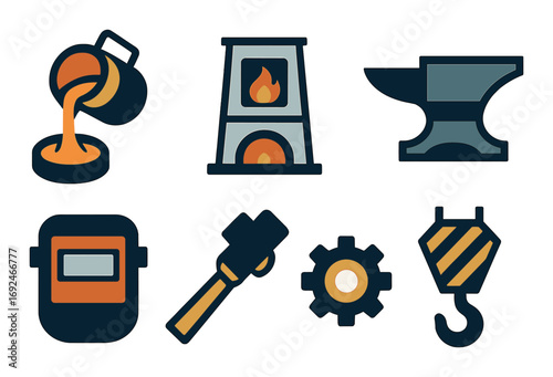 Metalworking flat icon set. featuring foundry, furnace, anvil, welding mask, hammer, gear, and hook symbols.