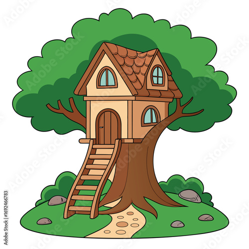 Charming cartoon treehouse with a brown roof sits atop a lush green tree