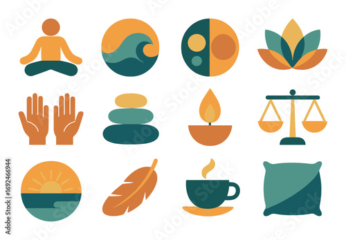 Wellness and relaxation flat icon set. featuring meditation, balance, nature, mindfulness, and tranquility symbols.