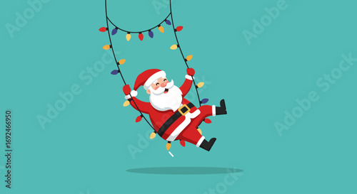 Vector Cartoon Illustration of Santa Claus Swinging on String of Colorful Christmas Lights Isolated on Aqua Blue Background Funny Holiday Design
