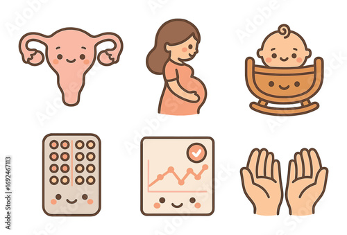 Motherhood flat icon set. featuring uterus, pregnancy, baby cradle, chart, and hands symbols.