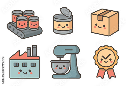 Kawaii flat icon set. featuring conveyor, canned food, box, factory, mixer, award.