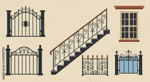 Vector Set of Wrought Iron Wicket Stairs Railing Fence and Window Decorative Design