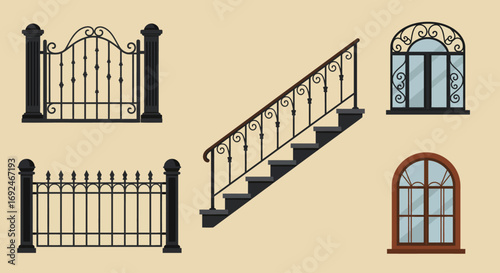 Vector Set of Wrought Iron Wicket Stairs Railing Fence and Window Decorative Design