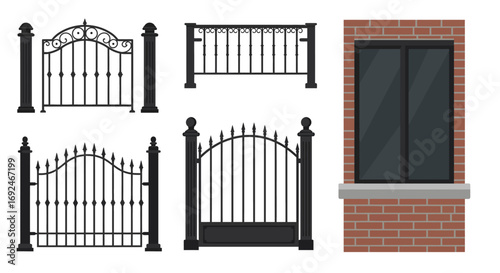 Vector Set of Wrought Iron Wicket Stairs Railing Fence and Window Decorative Design
