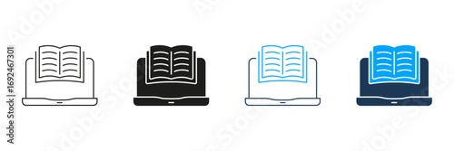 Open Book On Laptop Line And Solid Icon Set. E-Learning, Online Education, And Digital Reading Symbol Collection. Knowledge And Technology Integration. Isolated Vector Illustration