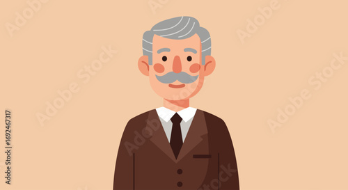 Vector Cartoon Business Avatar of Gray Haired Man with Moustache in Brown Suit Illustration