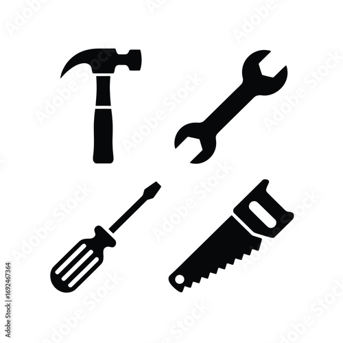 Classic hand tools set hammer wrench screwdriver saw minimalist silhouette icons for projects silhouette vector illustration white background