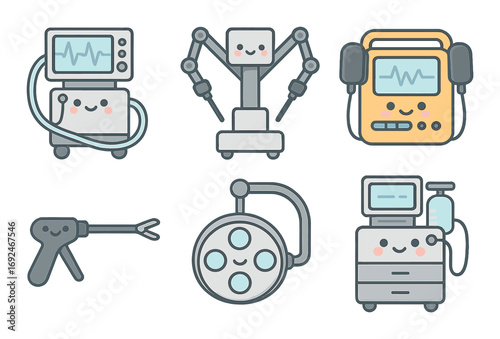 Medical equipment flat icon set. featuring ecg, surgical robot, defibrillator, laparoscopic tool, surgical light, anesthesia machine.