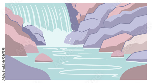 Cartoon waterfall with rocky cliffs and turquoise water