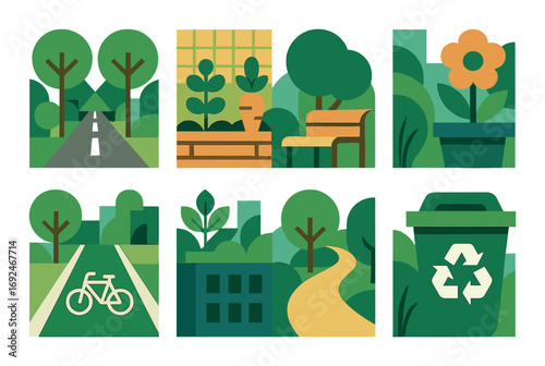 Nature and city parks flat icon set. featuring road, plants, bench, flower, bike path, building, recycling.