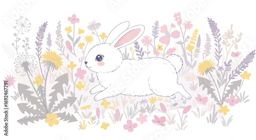 Running white bunny among wildflowers