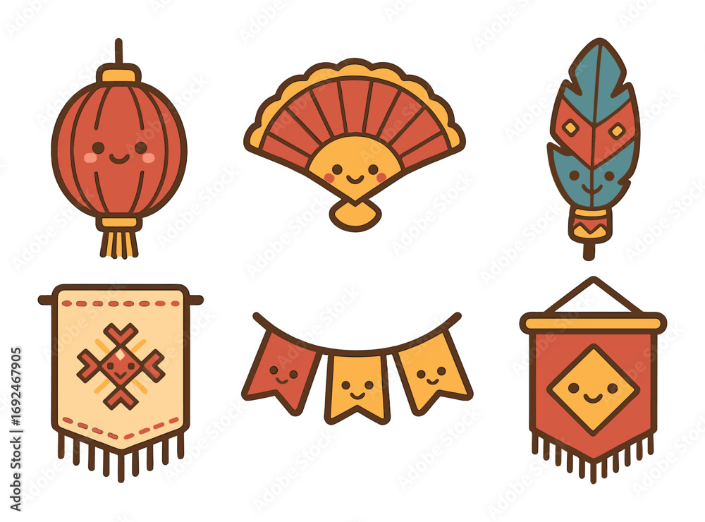 Obraz premium Festival decorations flat icon set. featuring lantern, fan, feather, banner, and flags.