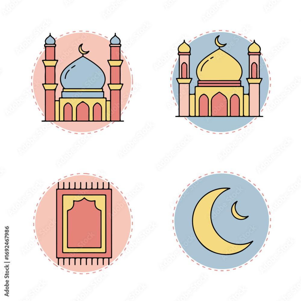 Naklejka premium Religious Symbols Mosque, prayer mat, and moon icons in pastel color circles