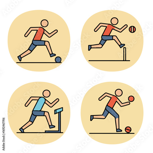 Runners Icons Running poses, hurdle, treadmill, and ball sports on tan circles