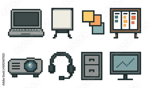 Office equipment flat icons set. featuring laptop, whiteboard, sticky notes, cabinet, projector, headset, file drawer, monitor.