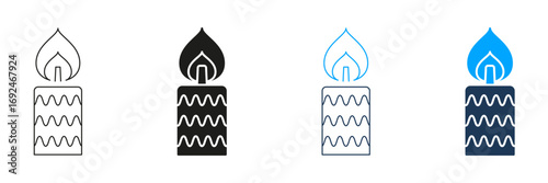 Candle With Flame Line And Solid Icon Set. Celebration, Relaxation, And Spiritual Ambiance Symbol Collection. Decorative And Aromatic Candle Design. Isolated Vector Illustration