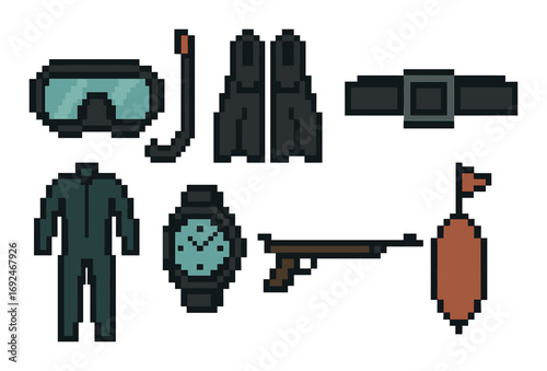 Scuba diving pixel icons set. featuring mask, snorkel, fins, belt, suit, watch, speargun, buoy symbols.