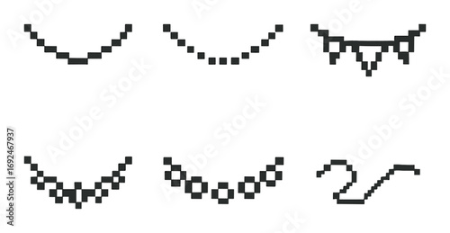 Party decoration pixel art icon set. featuring garlands, banners, and flags designs.