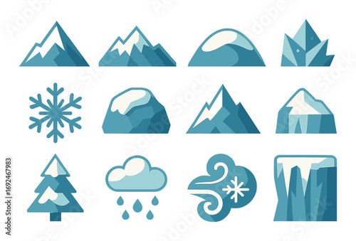 Nature and weather silhouette icon set. featuring mountains, snowflakes, clouds, wind, trees, and icebergs.