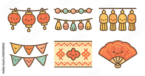 Festive decorations linear icon set. featuring lanterns, garlands, puppets, banners, carpet, and fan designs.