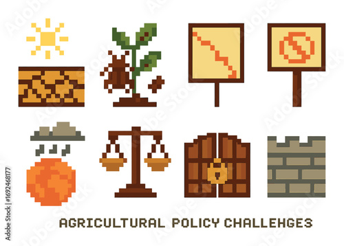 Agricultural policy challenges pixel icon set. featuring drought, pest, limitation, dispute, gate, and wall symbols.
