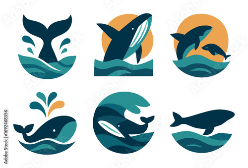 Marine animals silhouette icon set. featuring whale, dolphin, ocean, and waves symbols.