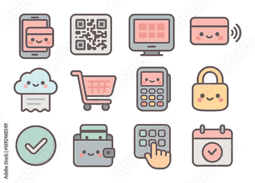 Payment and shopping flat icon set. featuring qr, credit card, cloud, shopping cart, and lock symbols.