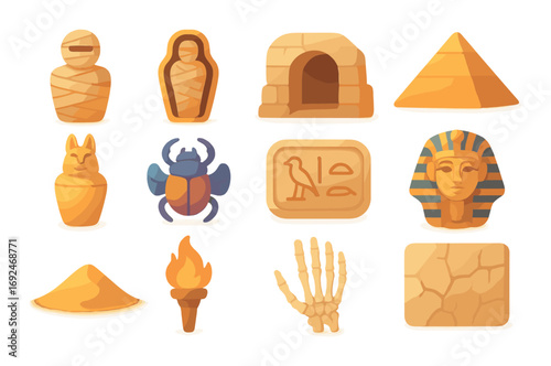 Egyptian elements flat icon set. featuring mummy, pyramid, sarcophagus, scarab, hieroglyph, pharaoh, temple.