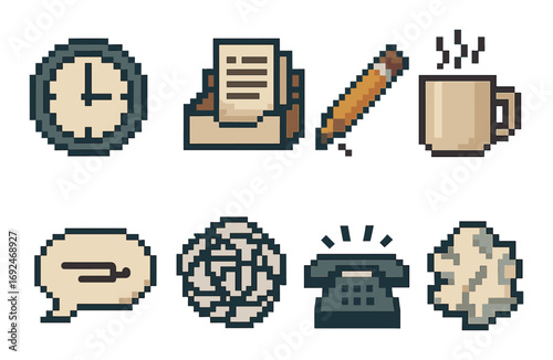 Retro office flat icon set. featuring clock, documents, pencil, coffee mug, speech bubble, phone, crumpled paper.