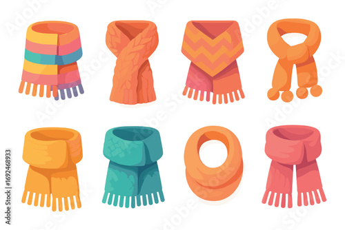 Winter scarves flat icon set. featuring striped, knitted, chevron, pom-pom, fringed, quilted, and looped designs.