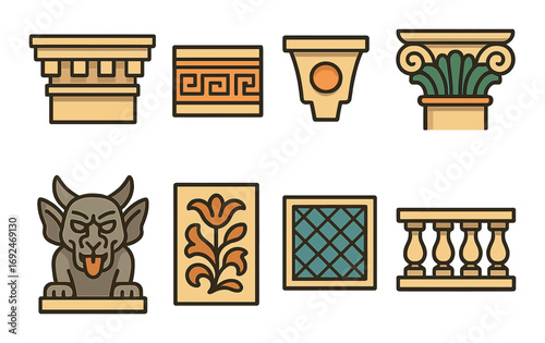 Architecture flat icon set. featuring ionic, gargoyle, doric, corinthian, frieze, and balustrade symbols.