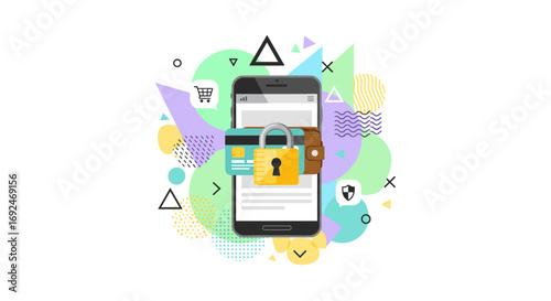 This modern flat vector illustration depicts secure mobile online shopping and digital payment protection on a smartphone, surrounded by abstract geometric elements.
