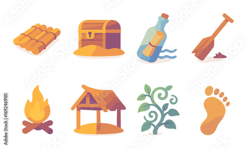 Survival adventure silhouette icon set. featuring raft, treasure chest, message bottle, paddle, campfire, hut, vine, footprint.