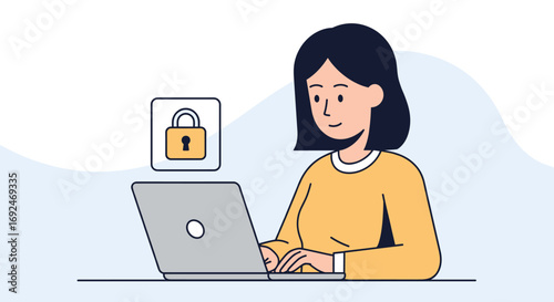A smiling woman confidently navigates her laptop, accessing private online data safeguarded by a prominent digital padlock icon.