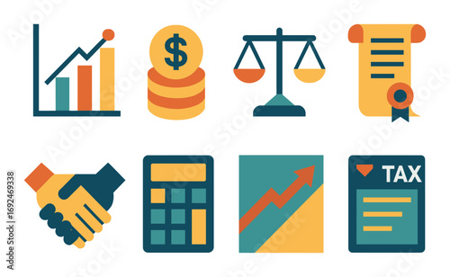 Business and finance silhouette icon set. featuring chart, currency, balance, contract, handshake, calculator, growth, tax.