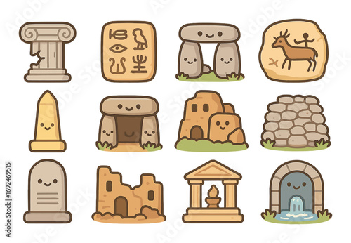 Ancient architecture flat icons set. featuring column, hieroglyphs, dolmen, petroglyph, obelisk, monument.